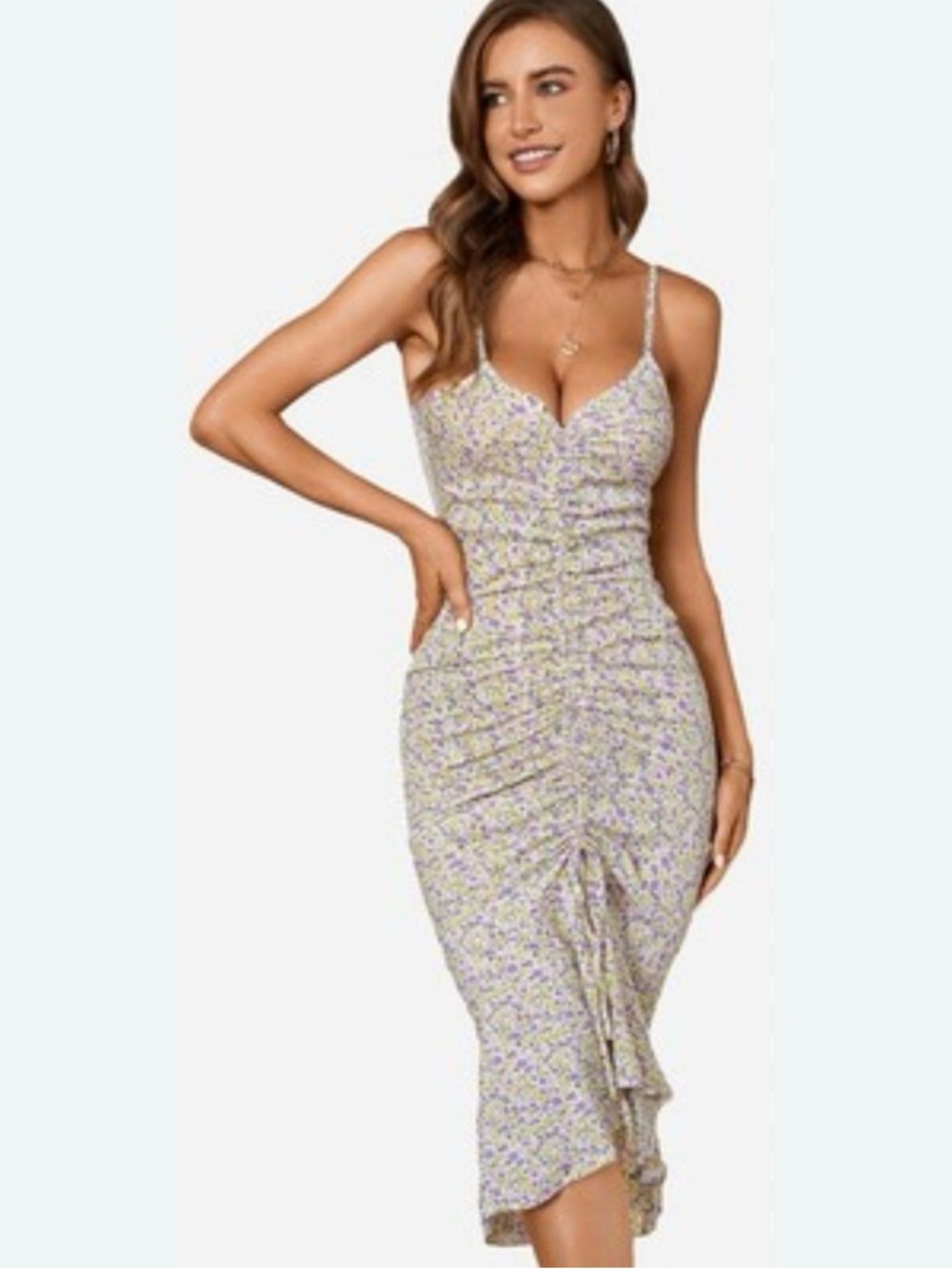 Cupshe Floral Purple and Yellow Summer Midi Ruched Dress Large